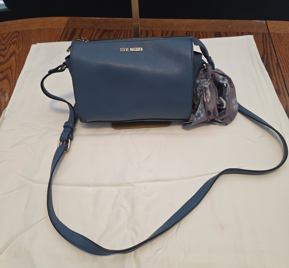 Steve Madden Slate Blue Pebbled Crossbody with Scarf Accent